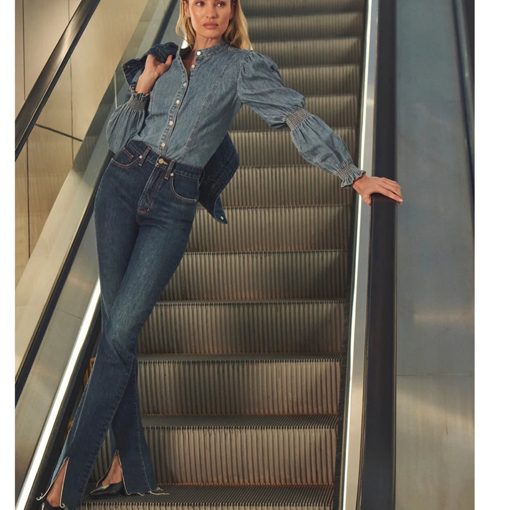 Veronica Beard Keane Straight Leg Jean Front Slits - Bright Blue